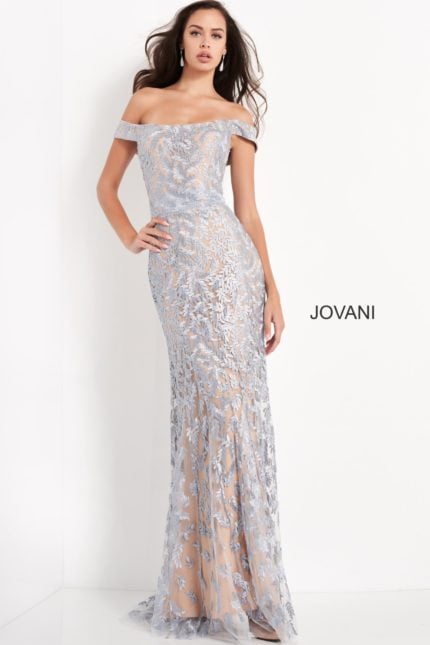 Model wearing Jovani 49634 light blue lace dress, front view.