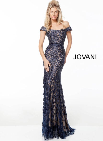 Model wearing Jovani 49634 navy lace dress, front view, full length.