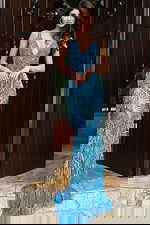 v neckline fringe blue dress 49650