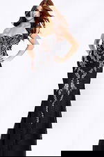 Strapless lace prom dress with silver vine embellishments