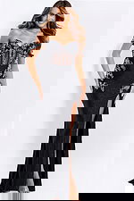 Off shoulder beaded prom dress with sheer corset and slit