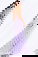 Open back lavender gown with lace-up straps and shimmer details