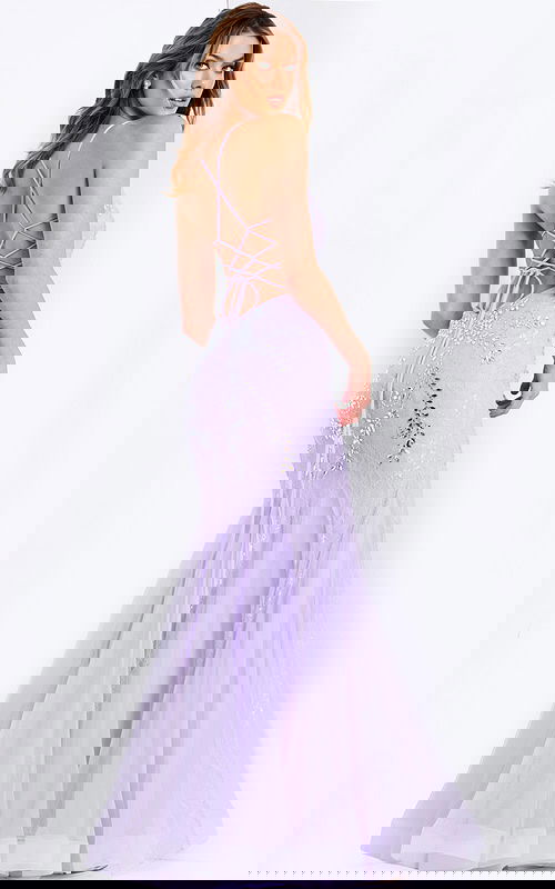 Open back lavender gown with lace-up straps and shimmer details