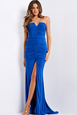 Fitted floor-length dress featuring gathered details and side slit.