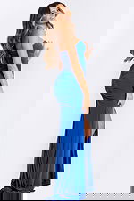 Strapless ruched gown with sweetheart neckline and front slit.