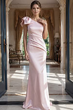 pink satin one shoulder mermaid gown with oversized bow and ruched bodice