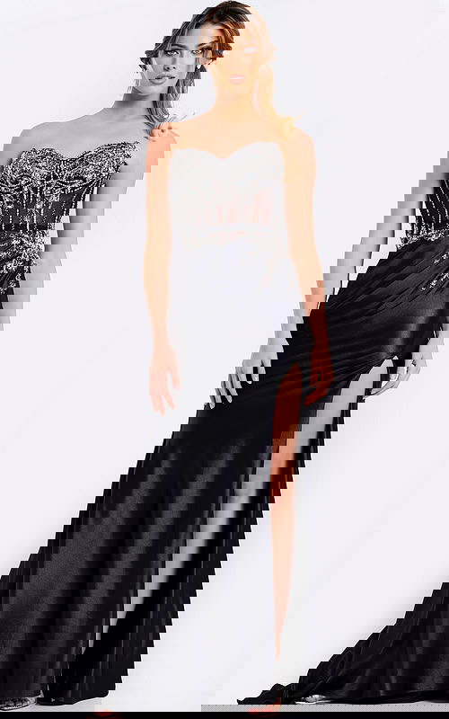 Elegant black prom dress with ruched waist and thigh-high slit