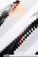 Satin gown featuring sheer bodice with crystal embellishments