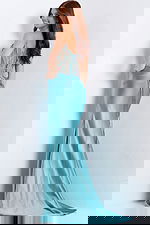 high slit satin dress with embellished sheer corset bodice 49721