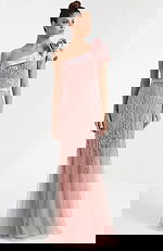 One shoulder beaded tulle gown with fitted bodice and soft flowing skirt