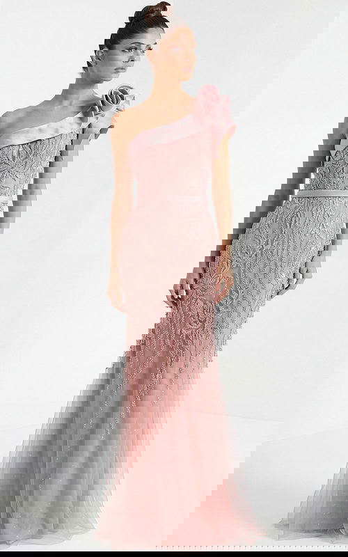 One shoulder beaded tulle gown with fitted bodice and soft flowing skirt