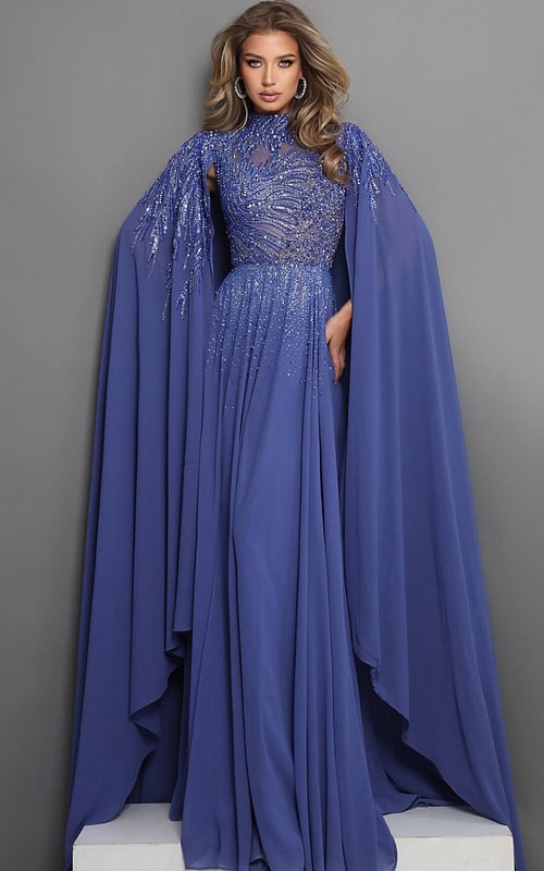 royal blue a line long dress with mock neck illusion beaded cape sleeves
