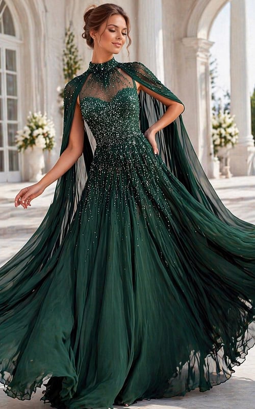 emerald green beaded high neck chiffon gown with cape sleeves