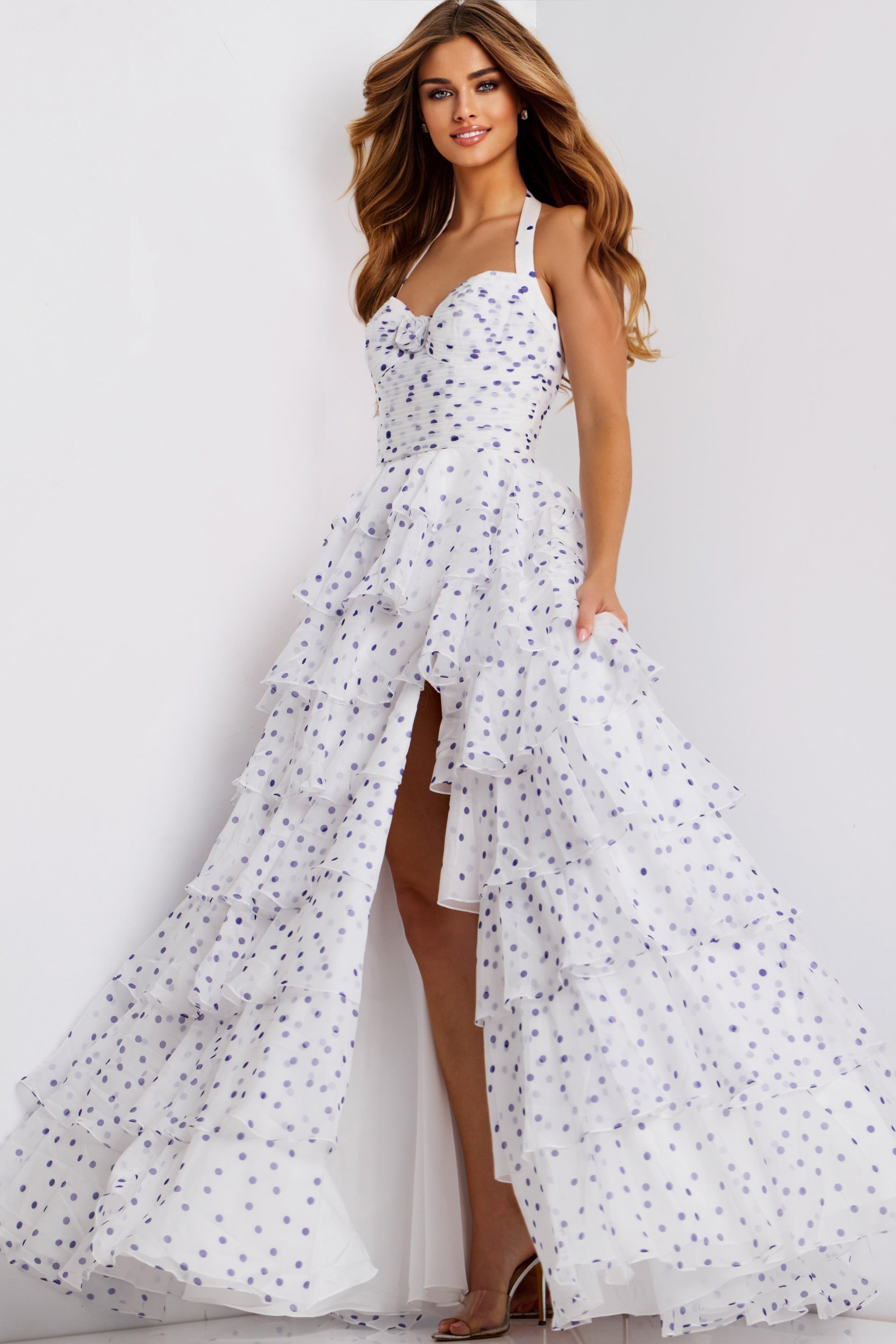Halter Polka Dot Tiered Dress With Bow Bodice 49776 | Jovani