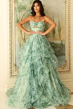 strapless print green dress with cut out on the bust 49777