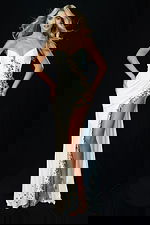 Strapless white prom dress with gold embellishments and thigh-high slit