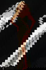 Front view of strapless gown with gold floral embellishments and thigh slit