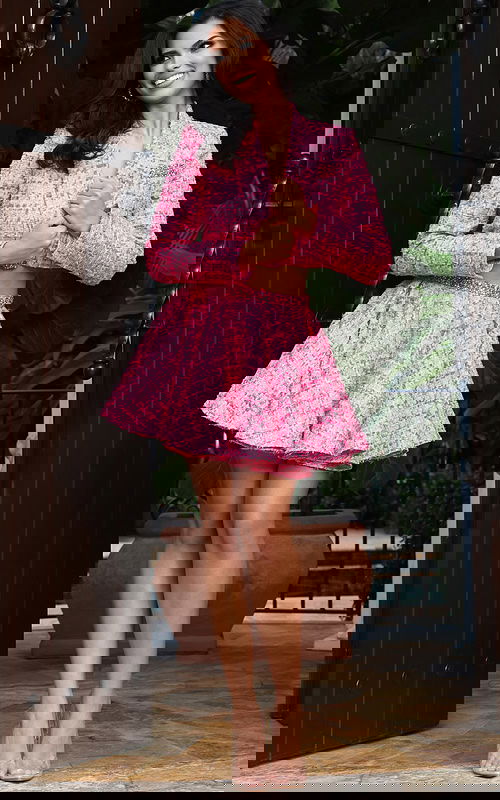 Jovani 49803 pink tweed two piece set with cropped blazer jacket and flared pleated mini skirt, accented with crystal embellished waistband trim