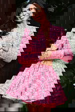 Jovani 49803 pink tweed two piece set close up showing cropped blazer with crystal brooch detail and pleated flare mini skirt with rhinestone waistband trim