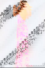 Elegant open back gown with deep V neckline and pink sequin detailing