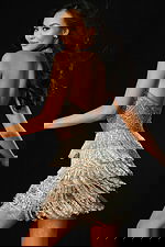 Beaded halter mini dress with tiered fringe layers