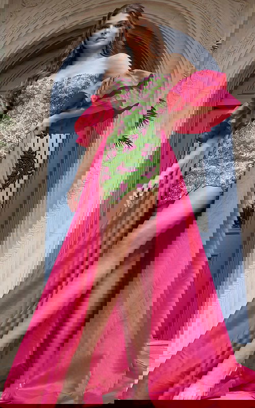 Strapless fitted mini dress with floral sequin detail and dramatic detachable overskirt