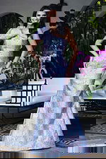 Jovani 49847 light blue lilac one shoulder mermaid evening gown in metallic floral brocade fabric with oversized bow shoulder detail and sweep train