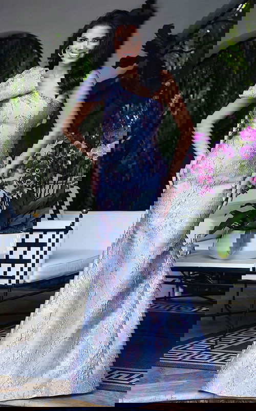 Jovani 49847 light blue lilac one shoulder mermaid evening gown in metallic floral brocade fabric with oversized bow shoulder detail and sweep train