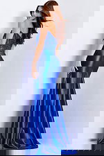 Royal blue fitted gown with ruched waist and shiny finish