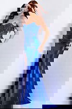 Strapless satin prom dress with embroidered corset and slit