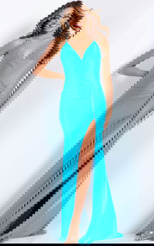 Sleek V-neck gown with ruched bodice and high slit detail.