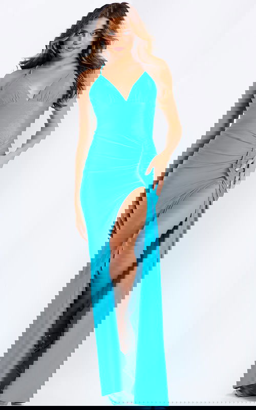 Fitted formal gown with strappy back and flowing skirt.