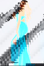 Shimmering sleeveless gown with deep neckline and thigh-high slit.