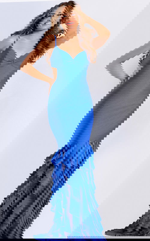 Fitted cutout evening dress featuring open back and flared ruffle skirt.