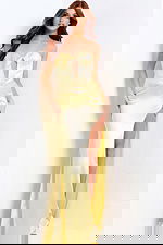 Strapless satin prom dress with corset bodice and high slit