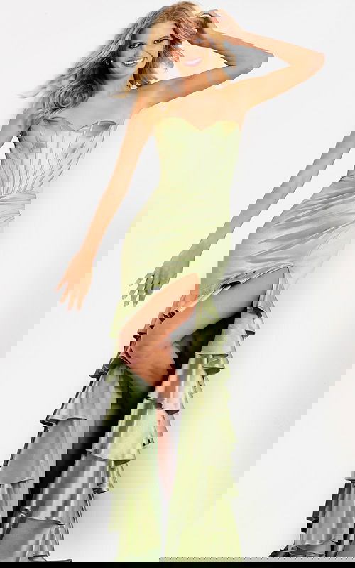 Satin strapless gown featuring high slit and ruffles