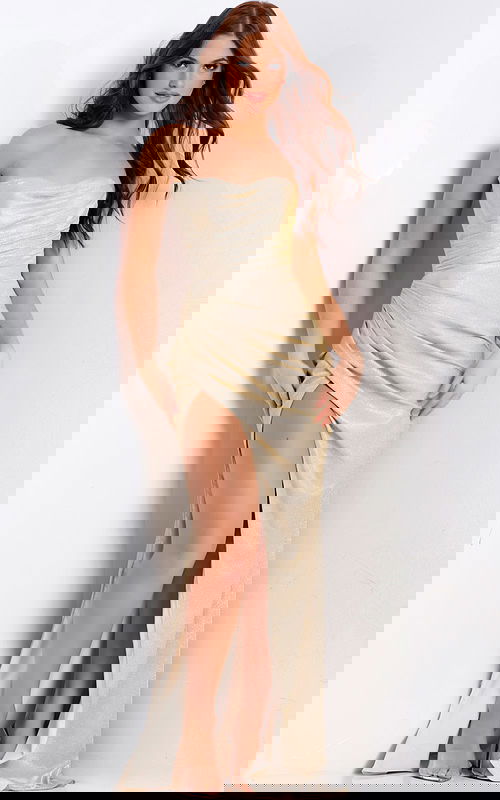 Metallic strapless gown featuring draped skirt and thigh-high slit.