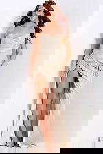 Shimmering floor-length evening dress with sweetheart neckline.