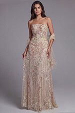 Strapless floral embellished gown with sheer shawl