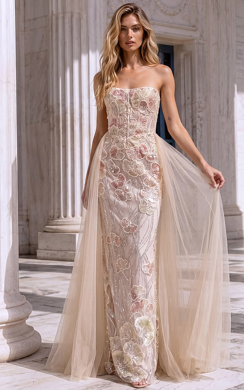 Strapless champagne prom gown featuring floral sequin embroidery