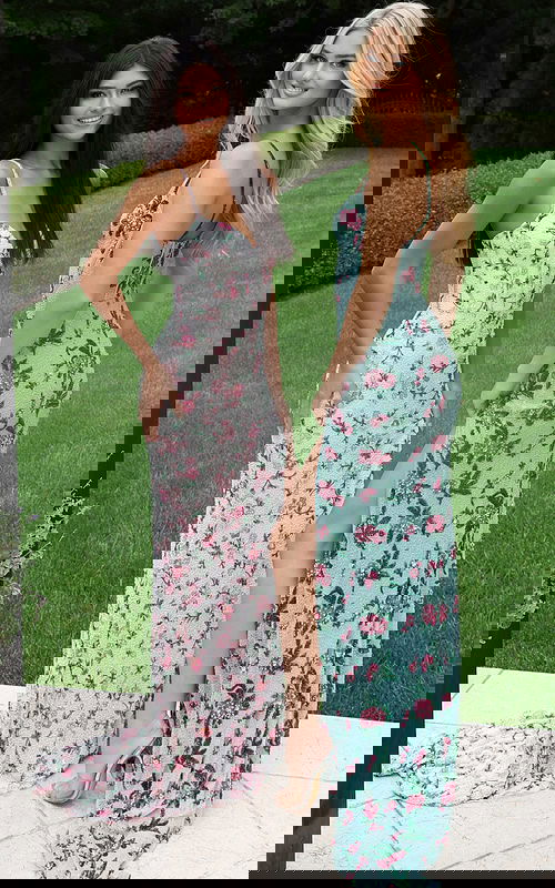 fitted floral embroidered gowns with slim straps and floor length silhouettes