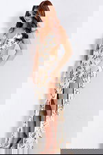 White fitted prom dress with gold floral beading