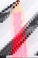 Strapless satin prom dress with beaded corset bodice and high slit