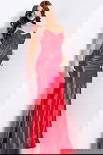 Back view of red satin prom dress with fitted silhouette and sweep train