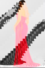 Bold strapless satin gown in vibrant red with a beaded corset bodice.