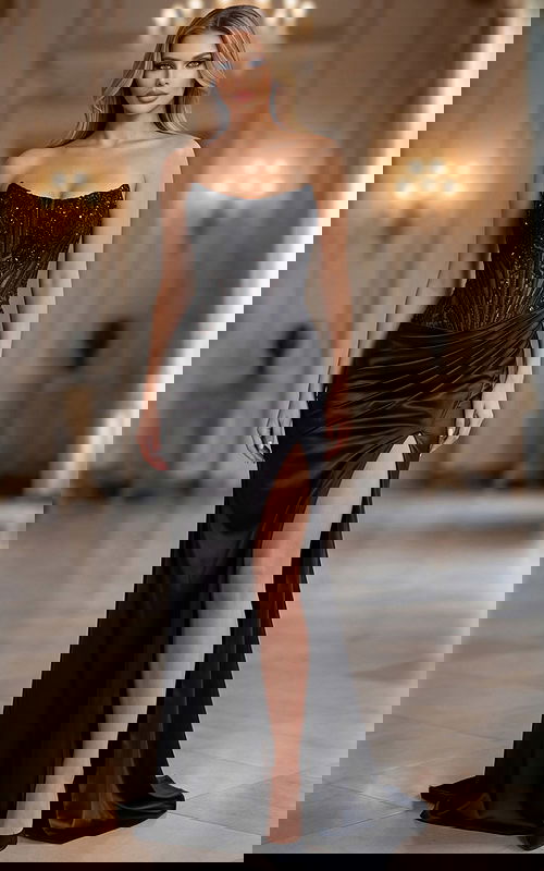 black strapless high slit dresses 50012