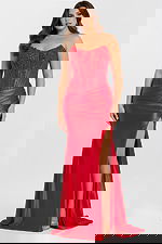 Strapless Red Satin Gown with Beaded Corset and High Slit.