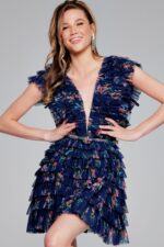 Model wearing Jovani 50069 navy ruffled dress angled view