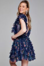 Model wearing Jovani 50069 navy ruffled dress front view