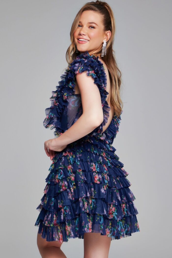 Model wearing Jovani 50069 navy ruffled dress front view
